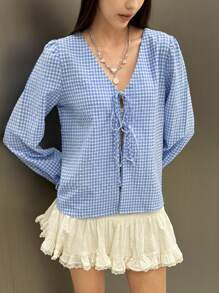 INAWLY 女士春夏格纹印花长袖前系带宽松休闲衬衫 - 彩色 - 查看 1