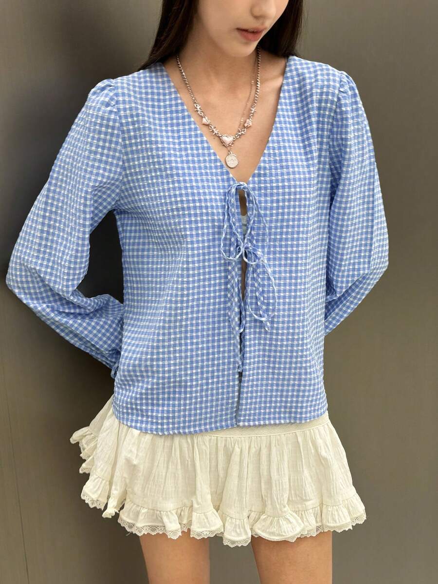 INAWLY 女士春夏格纹印花长袖前系带宽松休闲衬衫 - 彩色 - 查看 1