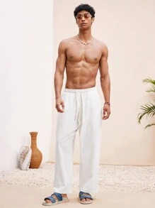 Manfinity BRENVOR 男士海滩夏季度假基本款梭织休闲冲浪海边沙滩装亚麻裤，秋季 - 白色 - 查看 4