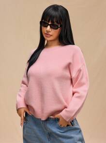 Forever 21 大码女式圆领长袖针织毛衣，秋冬 - 粉色 - 查看 3