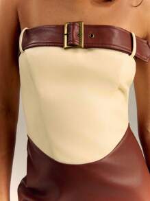 SHEIN Unity Váy ống PU hai tông màu có điểm nhấn thắt lưng - Nhiều màu - Xem 7