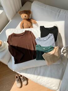 SHEIN Leap Crew 男婴 5 件装百搭纯色长袖 T 恤，休闲日常穿着基本款上衣，黑色、灰色、卡其色、棕色、绿色多色 - 彩色 - 查看 6