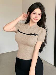 DAZY 蝴蝶结装饰短袖针织上衣，春夏 - 黑色 - 查看 3