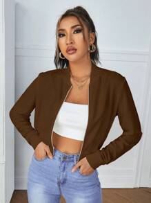 SHEIN Essnce Casual Solid Color Zip-Up Cropped Jacket, Spring/Autumn