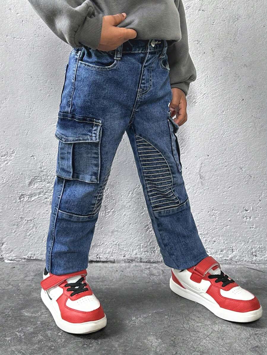 SHEIN YOUNG BOYS CASUAL URBAN STREET STONE WASH CARGO JEANS - Medium Wash - View 1