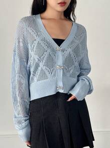 FRIFUL Cárdigan casual de mujer de unicolor, primavera y otoño transparente - Celeste - Ver 1