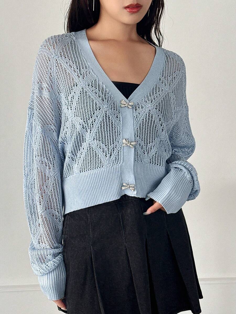 FRIFUL Women's Casual Solid Color Cardigan, Spring & Autumn Sheer - Baby Blue - View 1
