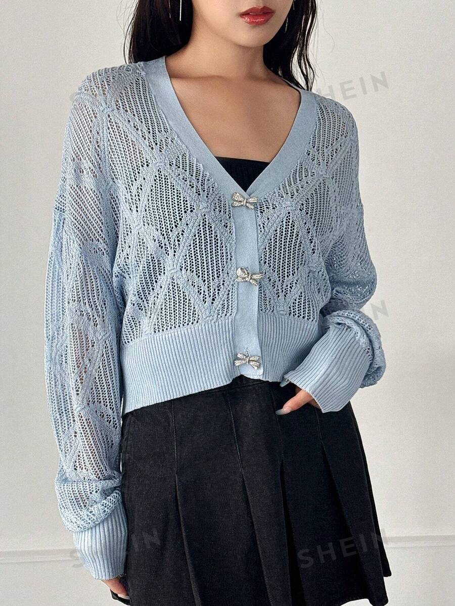 FRIFUL Cárdigan casual de mujer de unicolor, primavera y otoño transparente - Celeste - Ver 1