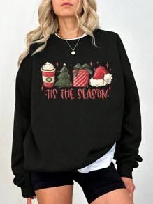 INAWLY Plus Size Christmas Cartoon Letter Print Sweatshirt - Black - View 1