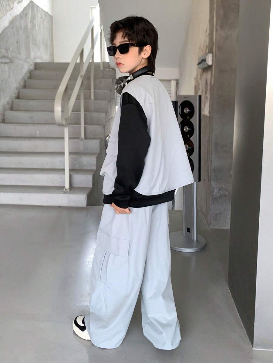 青少年男孩休闲宽松灰色背心黑色圆领连帽衫灰色工装裤实惠三件套儿童秋装男童秋装儿童服装可搭配黑色衬衫万圣节衬衫男童万圣节秋季衬衫秋季衬衫可爱毛衣适合通勤上学日常休闲学院旅行适合运动适合秋冬季节 - 灰色 - 查看 1