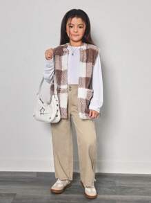 Girls' Casual All-Match Versatile Commuting Elegant  Outerwear Fleece Sleeveless Jacket, Suitable For Gatherings, Winter, School, Windproof And Warm - Khaki - View 4