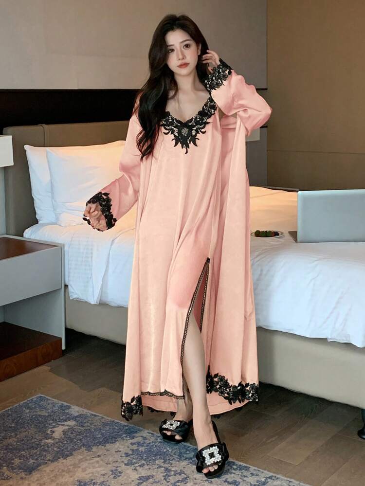 Women Satin Lace Contrast Nightgown And Slip Dress Sleepwear Pajama Set