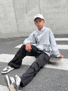 Conjunto de 2 piezas de Ropa de moda urbana para niños preadolescentes: sudadera con capucha con gráfico retrato y pantalón cargo de corte suelto, adecuado para ir y venir, la escuela, uso diario casual, deportes, otoño e invierno
