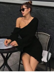 INAWLY Women's Solid Color Asymmetric Collar Long Sleeve Sweater Dress - Black - View 2