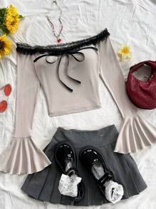 Soleia Holiday Ladies Autumn Apricot Off Shoulder Splicing Lace Cuffs Trumpet Splicing Front Center Tie Bow Cut Cute Top Off Shoulder Long Sleeve - Apricot - View 7