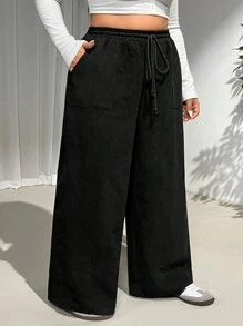 SHEIN CURVE+ Quần dài thường ngày màu đen vải nhung kẻ có họa tiết co giãn cạp chun cỡ lớn mùa thu - màu đen - Xem 6