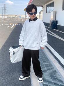 SHEIN 青少年男孩休闲韩版圆领长袖针织运动衫 - 白色 - 查看 5