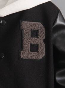 SHEIN 1 件休闲百搭 PU 字母夹克棒球外套，适合年轻男孩，适合秋冬季、户外、街头、学校 - 黑色 - 查看 5