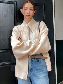 Dazy-Less Chaqueta de mujer de punto de patchwork, ropa de mujer de otoño - Beis - Ver 11