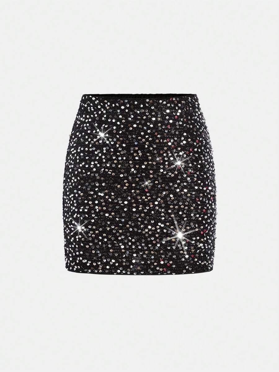 SHEIN Girlism Tween Girls Casual Party Sequin Embroidered Mini Skirt - Black - View 1