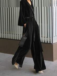 DAZY Women's Solid Color Lapel Collar Long Sleeve Elegant Velvet Wide Leg Jumpsuit,Back To School Clothes