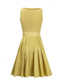 Chiquease Vestido evasé de jacquard con aplicación de encaje para damas - Amarillo - Ver 2