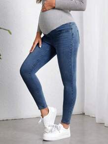 SHEIN Maternity Color Block Slim Fit Denim Pants Jeans - Dark Wash - View 5