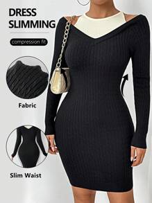 Chiquease Women's Round Neck Color Block Long Sleeve Fitted Cute Gentle Elegant Sweater Dress Fall Cloth For Women - Black - View 1