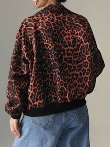 SHEIN EZwear 女士豹纹休闲拉链长袖夹克 - 紅色 - 查看 2