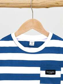SHEIN Tween Boy 休闲条纹 T 恤适合通勤、上学、日常休闲、旅行、运动，适合秋季 (9) 和冬季 (2) 季节，白色 - 藍色 - 查看 3
