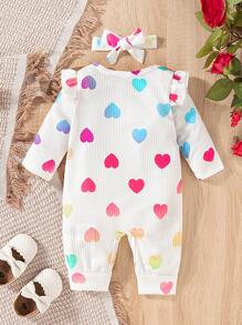 Baby Girl Heart Print Patchwork Ruffle Trim Long Sleeve Jumpsuit, Autumn Spring - Multicolor - View 2