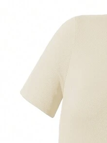 SHEIN Bộ 2 món/bộ áo thun ngắn tay cổ tròn màu trơn mùa hè cho bé gái tuổi teen và quần dài - Màu be - Xem 3