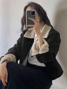 DAZY Áo khoác dày cổ bẻ bằng vải denim cho nữ, áo khoác lông cừu giả, thường ngày, mùa thu/đông, quần áo nữ mùa thu, lót nhiệt - màu đen - Xem 3