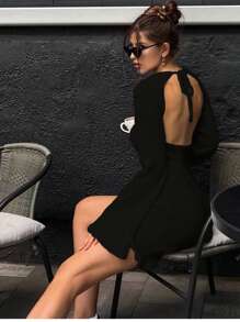 INAWLY Women's Solid Color Asymmetric Collar Long Sleeve Sweater Dress - Black - View 3