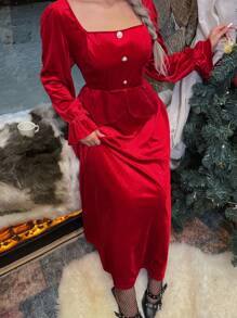 SHEIN Clasi 两件套加大码女式优雅荷叶边方领上衣和A字裙，适合通勤、度假和圣诞节穿着 - 紅色 - 查看 4