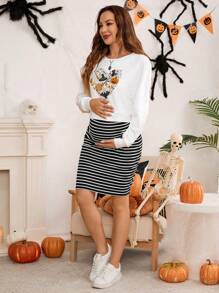SHEIN 2pcs/Set Maternity Halloween Themed White Long Sleeve Sweatshirt And Adjustable Waist Striped Skirt Outfit, Autumn/Winter - Black and White - View 6