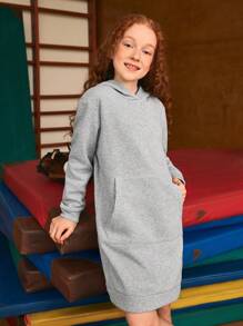 SHEIN Explorewe Tween Girl Casual Versatile Hooded Midi Solid Color Pocket Sweatshirt Dress - Grey - View 4