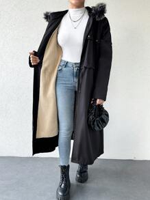 EURMUSE Zip Up Drawstring Waist Hooded Winter Coat - Navy Blue - View 1