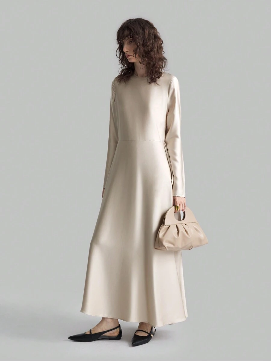 Ontre 女士杏色不对称下摆长袖圆领缎面连衣裙，新款奢华简约设计圣诞节/新年/情人节派对礼服