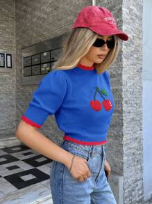 Forever 21 Jesień i zima Kobiety Żółty i czerwony dzianinowy wiśniowy graficzny/Halloween/Boże Narodzenie/Golf/Uroczy/Stroje panieńskie/Vintage/Podstawowe/Okrągły dekolt/Powrót do szkoły/Powrót do domu/Kontrast kolorów/Swobodny/Krótkie rękawy/Podstawowy/Rękawy bufiaste/Sweter