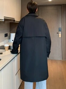 Claim Dot 男士纯色翻领长袖单排扣宽松休闲长款风衣，春秋季，工作黑色风衣，适合朋友、丈夫、男朋友的礼物，适合秋季 - 黑色 - 查看 2