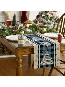 1pc Festive Christmas Tree Print Table Runner Blue Plaid And Snowflake Design - Perfect For Indoor And Outdoor Holiday Parties - Blue - View 3