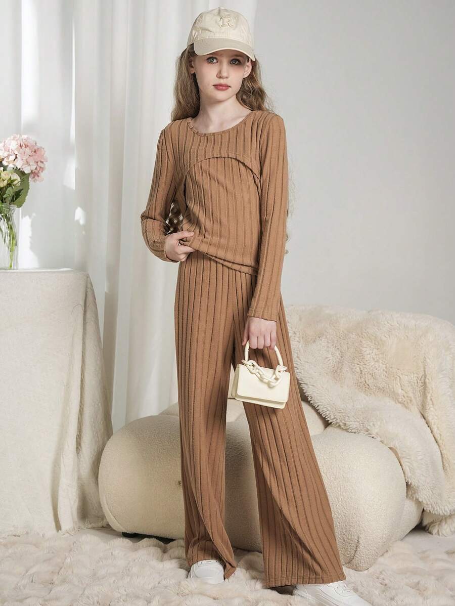 Top de alça de espaguete de cor sólida e jaqueta casual de tripulação de manga longa para meninas pré-adolescentes - Caqui - Visão 1