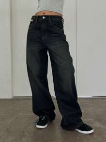 DAZY Women's Loose Fit Wide Leg Pocket Detail Casual Baggy Jeans - Dark Wash - View 3