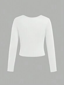 SHEIN Girlism 3 件套 Tween 女童休闲街头时尚纯色圆领长袖修身上衣 - 紅色 - 查看 4