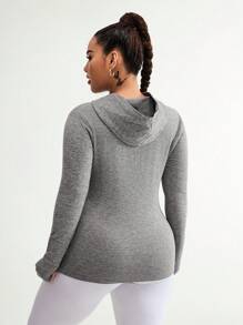 SHEIN Sports Plus Size Women's Spring & Autumn Solid Color Long Sleeve Zipper Front Hooded Sports Jacket - Grey - View 2