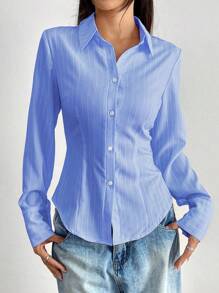 SHEIN Unity Áo sơ mi sọc đơn hàng ngày dài tay xuân/thu cho nữ - Nhiều màu - Xem 3