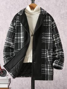 SHEIN Tween Boy Plaid Patchwork Vintage Thickened Mid-Length Overcoat, Autumn & Winter