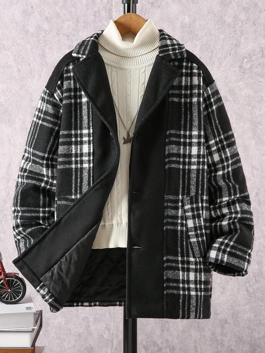 SHEIN Tween Boy Plaid Patchwork Vintage Thickened Mid-Length Overcoat, Autumn & Winter
