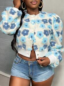 Slaydiva Women's Elegant Jacquard Pattern Short Single-Breasted Puff Sleeve Jacket, Autumn/Winter